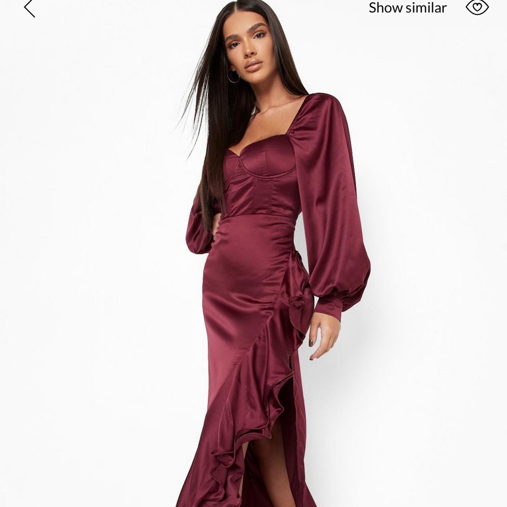 Satin corset ruffle maxi dress berry color. Never worn